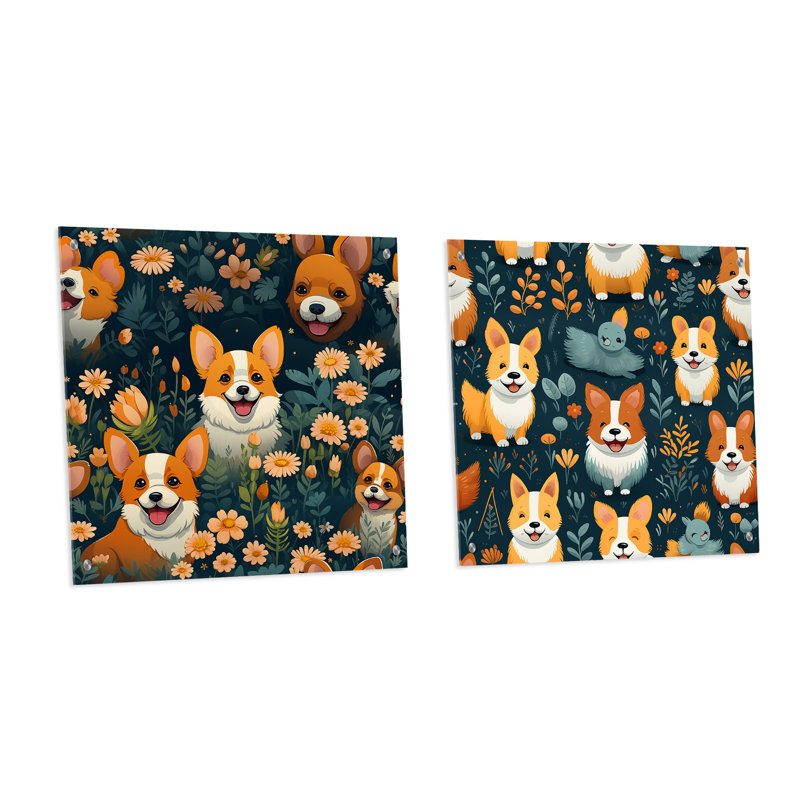 Corgi Cuties - Animaux, ensemble d'acryliques sur verre, ensemble de 2, H 16 po x l 33 po