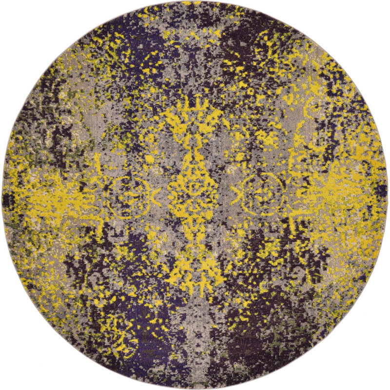 Tapis abstrait jaune / gris / mauve Eddins, Rond 8 pi