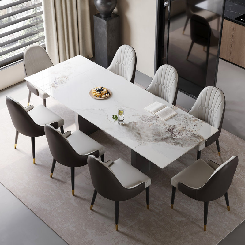 Sammie 9 - Piece 94.48'' Extendable Sintered Stone Dining Table with 8 Leather Chairs Dining Set, Chanel, Black