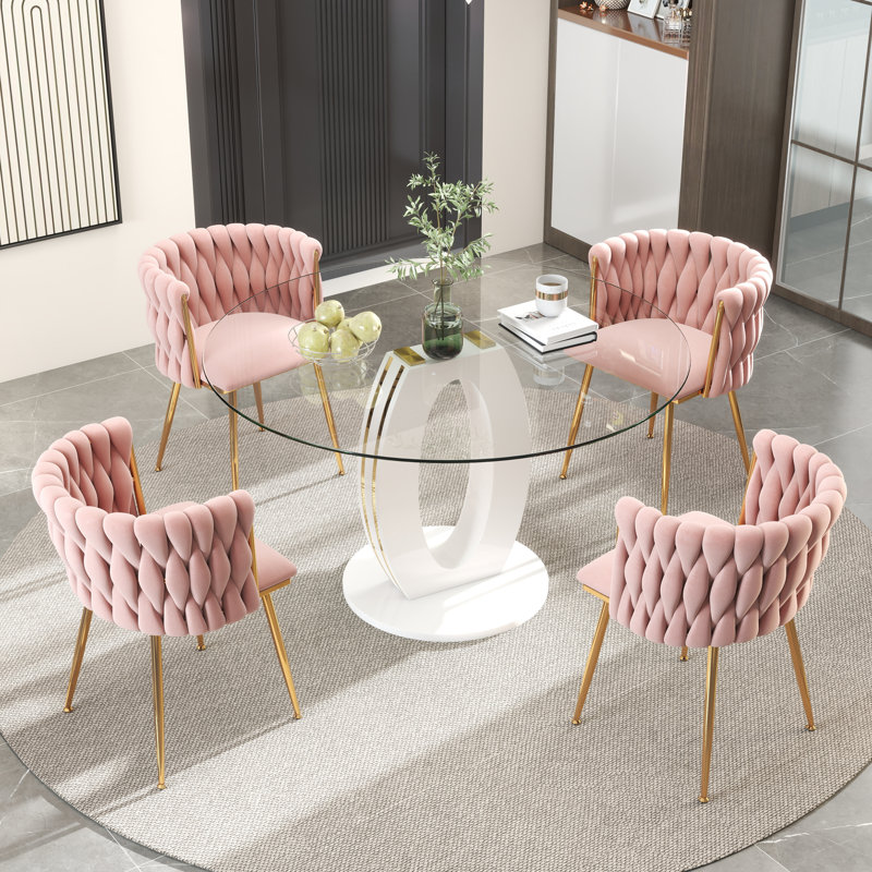 Modern Round Tempered Glass Pedestal Dining Set with Velvet Woven Dininig Chair, Pink/Gold, White/Gold