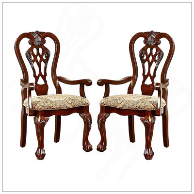 Ensemble formel classique de fauteuils à accoudoirs 2 pièces pour salle à manger cerisier en bois massif à imprimé damassé avec dossier complexe et pieds griffés
