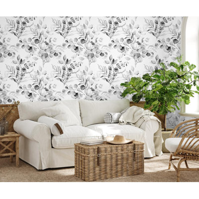 Peel And Stick Wallpaper - Boho Eucalyptus Leaf Floral Design, Grey/White, 17.7In X 32.8Ft, Waterproof, Removable, Textured Matte Finish