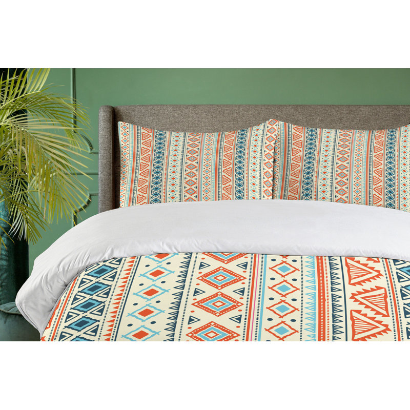 Twin Blue Orange Ivory Geometric Tribal Duvet Cover Set