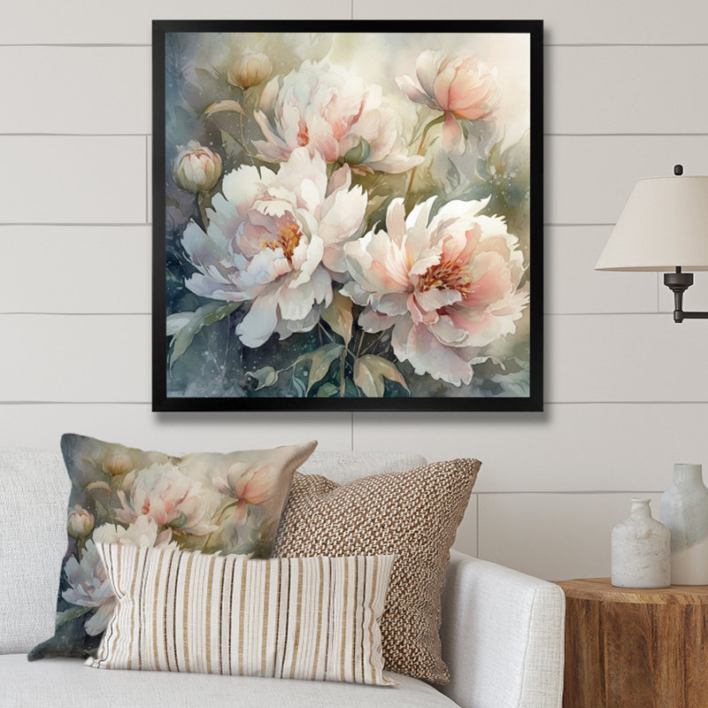 Pink Green Peonies On Branch II On Canvas Print, 36" H x 36" W x 1.5" D, Black Single Picture Framed