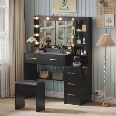 LED Makeup Vanity with Mirror, USB Charging Station, 5 Drawers Storage, Black Vanity Desk with Stool for Bedroom