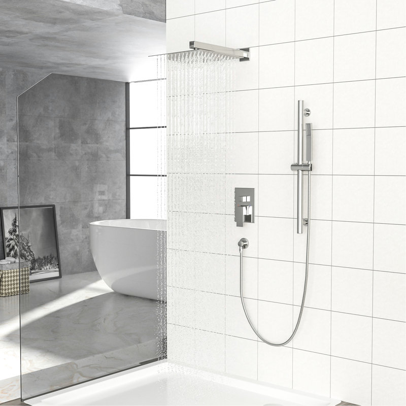 Douche carrée de 10 pouces en noir mat - fixée au mur avec barre coulissante réglable, soupape équilibrée et système de bar à expérience exceptionnelle