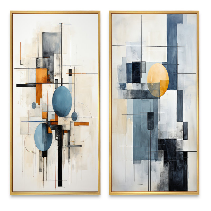 «Beige Blue Suprematism Harmonic Intersections», 2 pièces, H 40 po x l 40 po, Encadrement doré