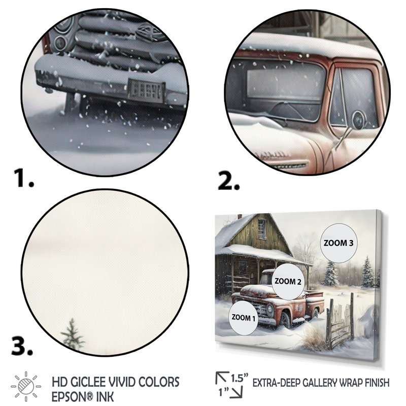 «Old Truck at the Barn in Winter I», peinture sur toile, H 12 po x l 20 po x P 1 po, Toile tendue