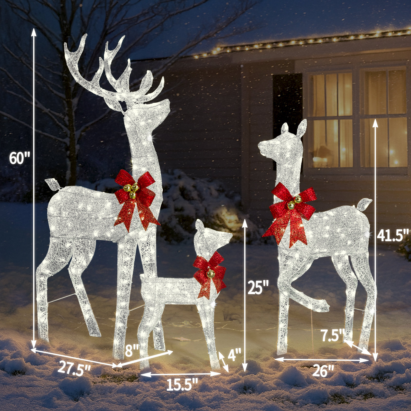 3PCS 5FT Champagne Reindeer Family Christmas Decoration With LED Lights, Silver