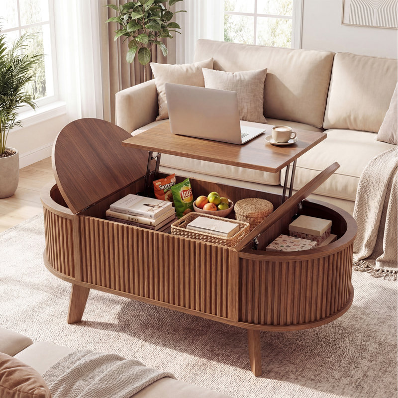 Lift Top Coffee Table with Storage, 40 Inch Modern Fluted Convertible Table with Hidden Compartments for Living Room, Walnut