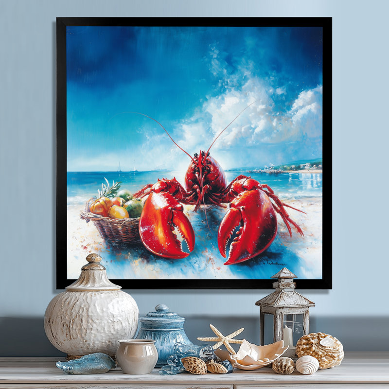 Plage avec un chef homard - Décoration murale homard, H 16 po x l 16 po, Reproduction encadrée d'une seule photo sans pass