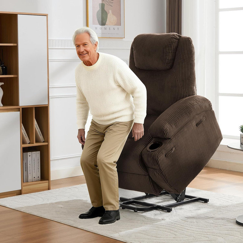 Fauteuil inclinable électrique pour personnes âgées avec massage et chaleur, poches latérales et porte-gobelets, Brun