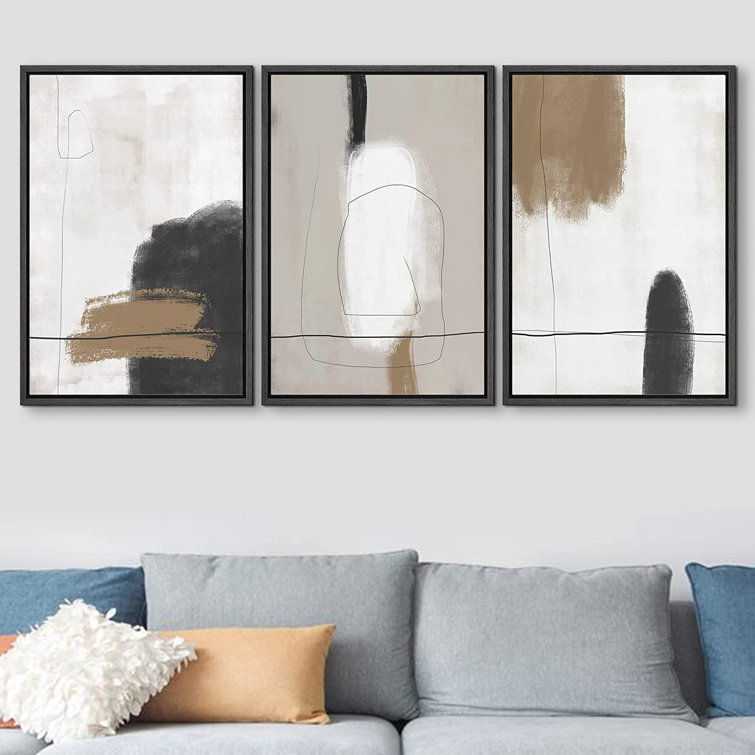 SIGNLEADER Neutral Framed Canvas Print Wall Art Set Grunge Brown White Paint  Strokes Abstract Shapes Illustrations