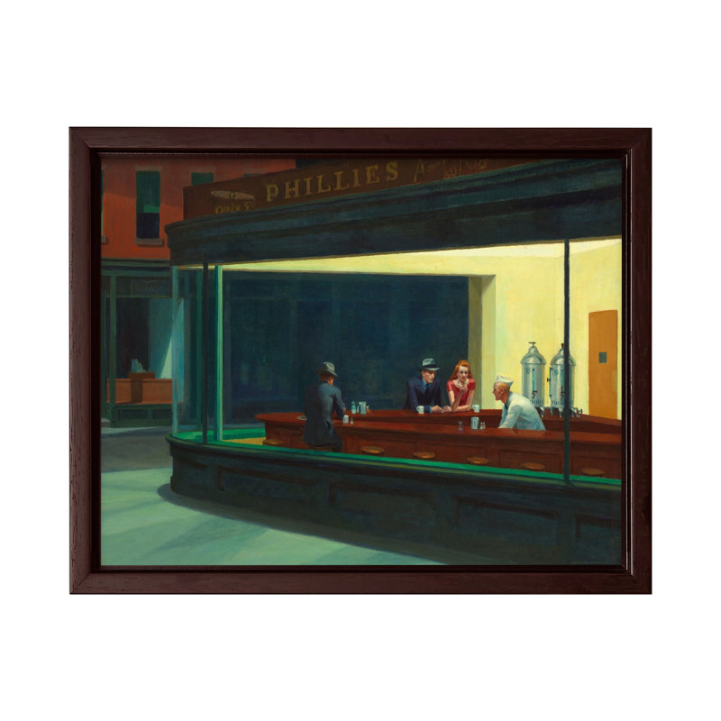 Edward Hopper - Nighthawks, Canvas, 24"H x 32"W, Brown Framed