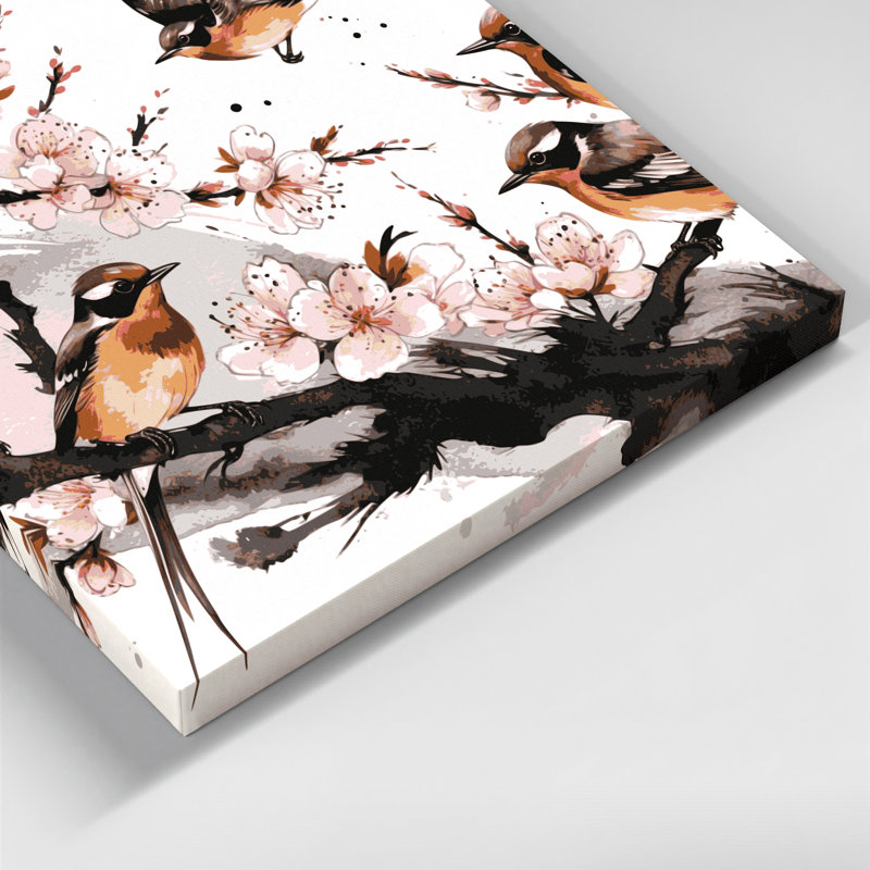 Oiseaux, art asiatique sur toile brun, H 11 po x l 14 po