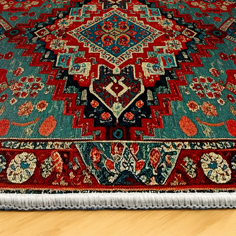 Ezra Collection Digital Print Cotton-Polyester Green Red Moroccan Rug, Rectangle 6'7" x 9'11"
