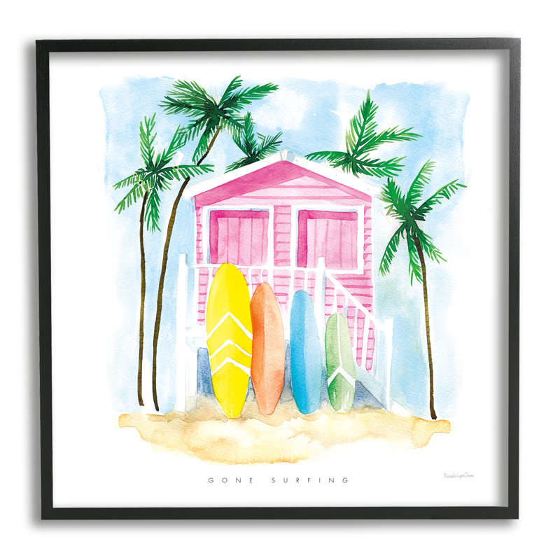 Gone Surfing Tropical Pink Beach House Canvas Print with Black Frame