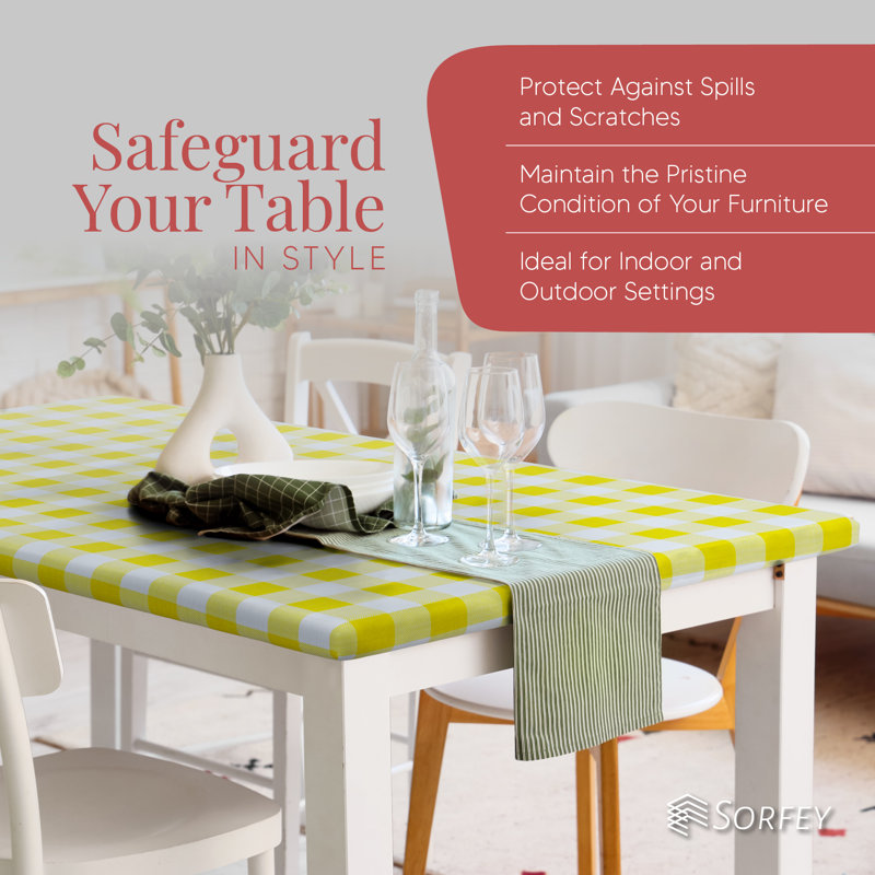 Kitchen Tablecloth Of Polyester -Fitted With Elastic, Water Proof, Washable, Fits For Table,Checked Design, Green