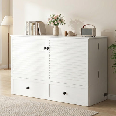 Grand lit escamotable avec station de charge et 2 tiroirs, blanc
