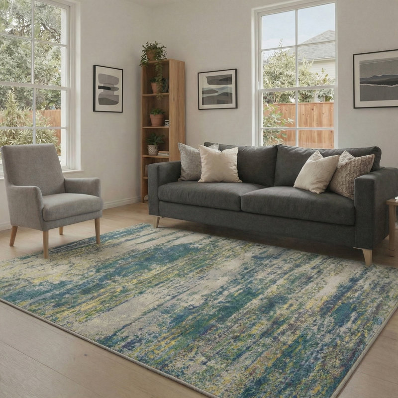 Arcadia Abstract Landscape Machine Washable Sage Indoor Area Rug With Non-Slip Backing, Rectangle 8' x 10'