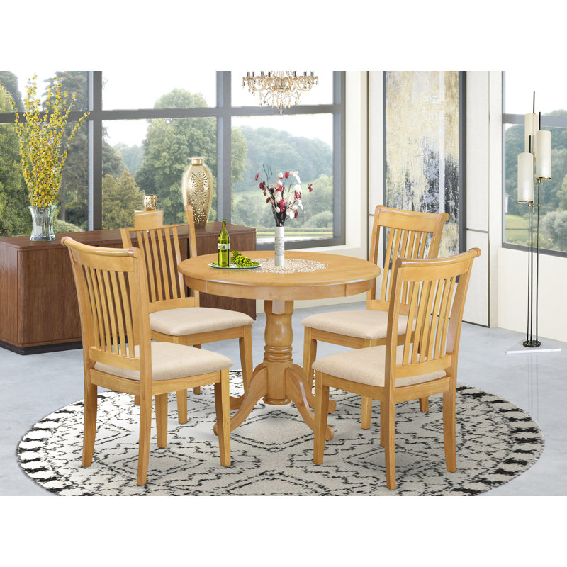 Ensemble de table de salle à manger 5 pièces moderne comprenant une table de cuisine ronde avec piédestal et 4 chaises de salle à manger en tissu de lin, 36 x 36 pouces, chêne