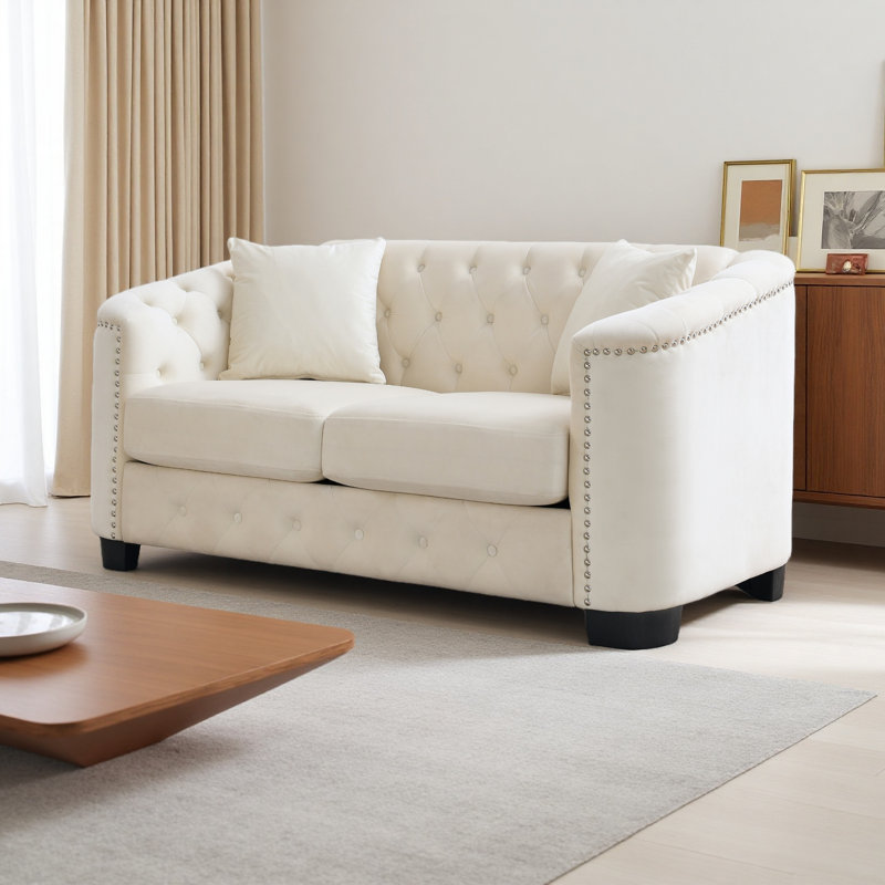 Hafid 76.89'' Velvet Sofa, Beige Velvet, 30" H x 59" W x 31.5" D