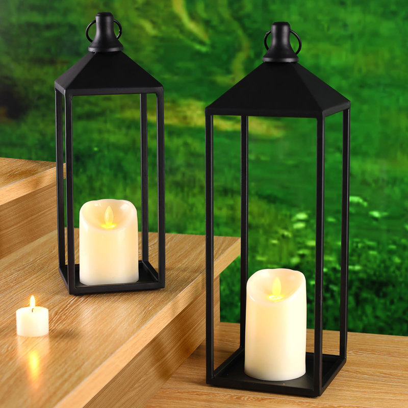 Lanterns Decorative Outdoor Indoor, Set Of 2 Black Vintage Lantern With LED Pillar Candle, Modern Farmhouse Lantern Decor For Room, Christmas Lanterns Decorative For Porch, Garden