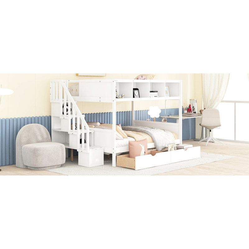 Lit simple superposé au dessus d'un lit double avec tablettes, escalier de rangement et rangement à 2 tablettes blanc, Blanc