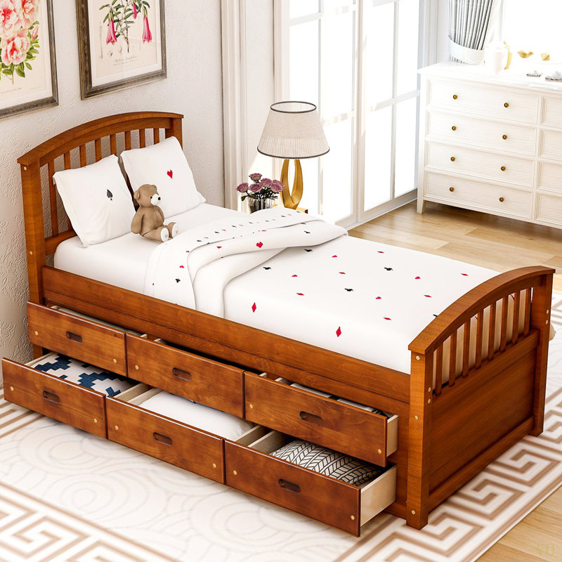 Lit plateforme simple en bois massif avec 6 tiroirs, Noyer