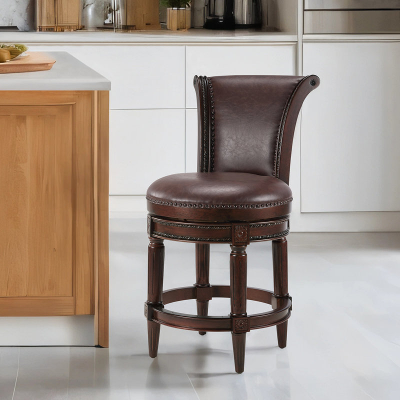 Elveria 25" W Bar Stools with Nailhead Trim, Dark Walnut