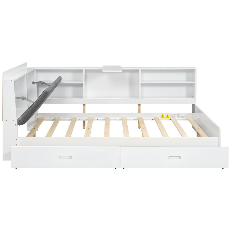 Structure de lit double pleine grandeur avec tête de lit avec rangement, 2 tiroirs et construction, tablettes en bois à espaces multiples, structure solide +