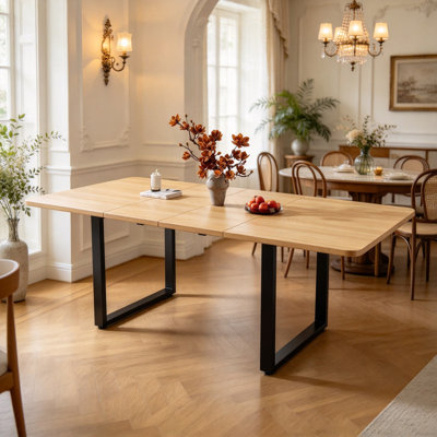 Extendable dining table with 3 lengths, 140/180/220*80 cm, suitable for 6-10 people, right shape, metal legs, simple style, table for dining room, kitchen, oak color