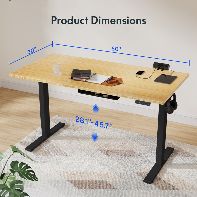 Bureau debout à hauteur ajustable Eric, bureau 100% bambou, Noir, H 45,7 po x l 60 po x P 30 po