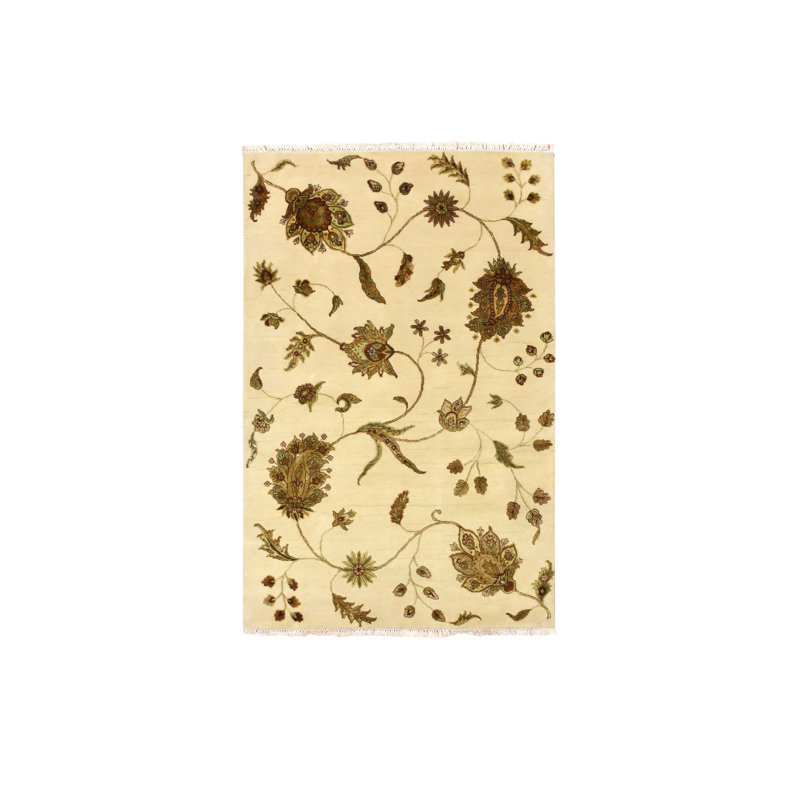 Tapis blanc en laine et en soie noué à la main 4 pi x 6 pi D76A9BF2507645D1957556D4932EFAEA