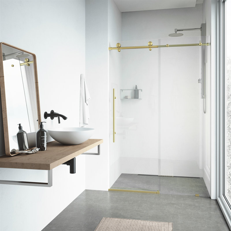 Elan E-Class 64-68" W x 76" H Sliding Frameless Shower Door with 3/8" Clear Glass, Matte Brushed Gold