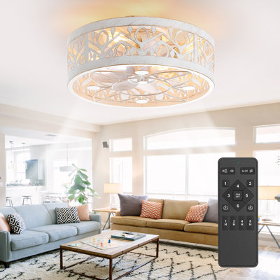 Cherine 17" 7-Blade Distressed Gold with White Indoor Flush Mount Ceiling Fan with the Remote Control