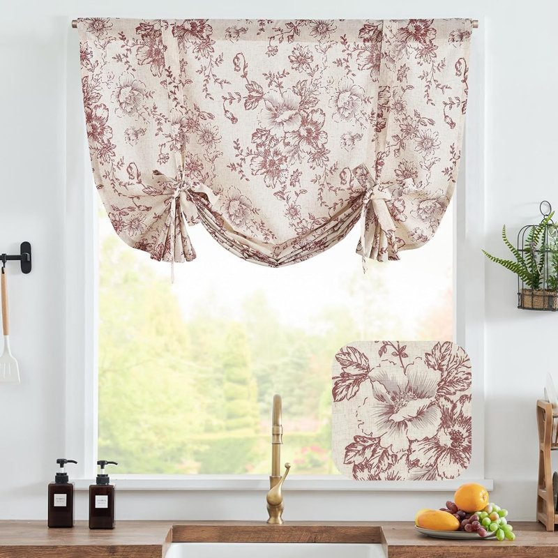 Floral Linen Tie Up Shade Valance, Red, 42" W x 45" L
