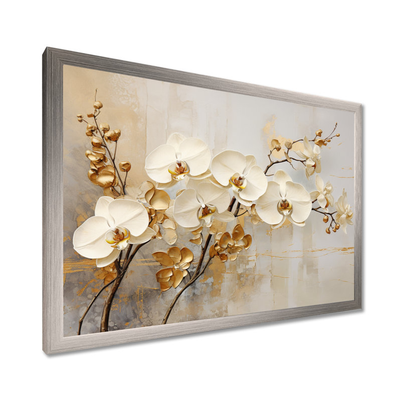 Minimalisme beige et orchidées dorées - impressions sur toile orchidées, H 34 po x l 44 po, Cadre photo unique, Argent argent