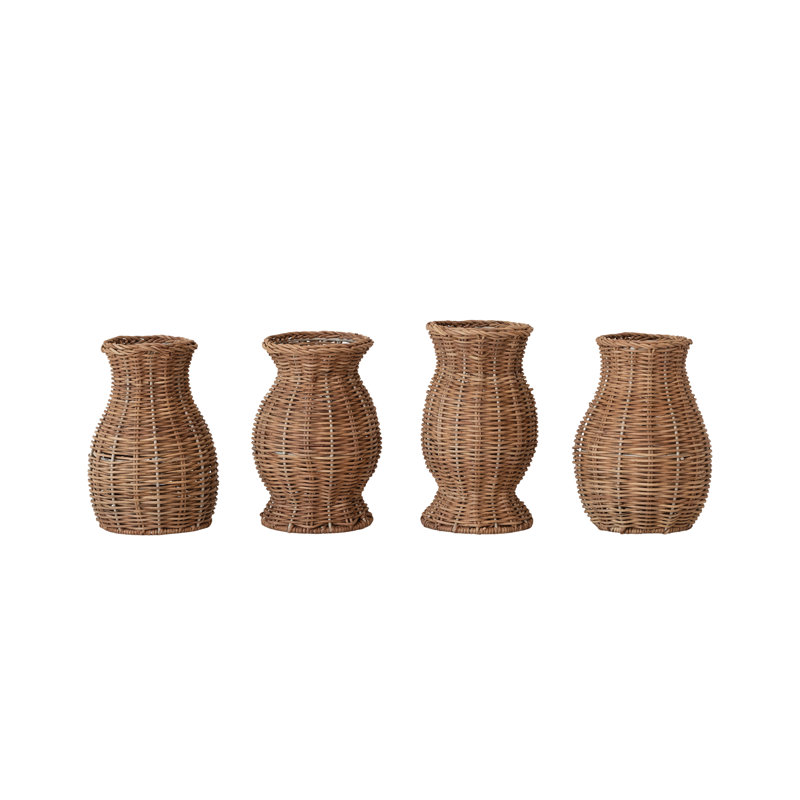 4-Piece Hand-Woven Rattan Vases with Glass Inserts