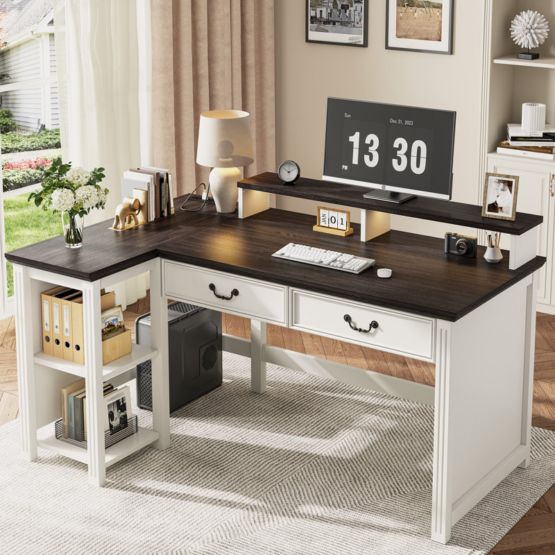 55" L Shaped Farmhouse Computer Desk With Power Outlets & LED Light & 2 Drawers, Home Office Gaming Writing Desk With Monitor Stand & Cabinet