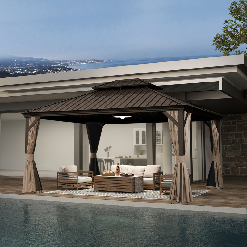 Outdoor Galvanized Steel Patio Gazebo with Double Roof, 114.65" H x 166.38" W x 117.17" D, Brown