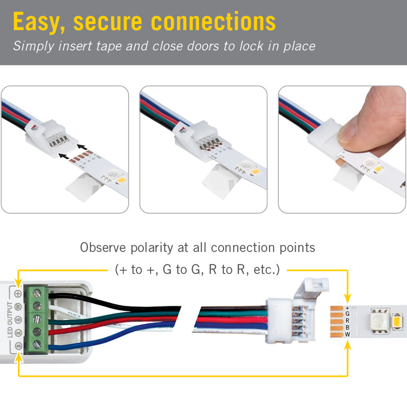 5 Pin RGB+W LED Strip Light 48 in Tape to Wire Connectors, 3 Pack