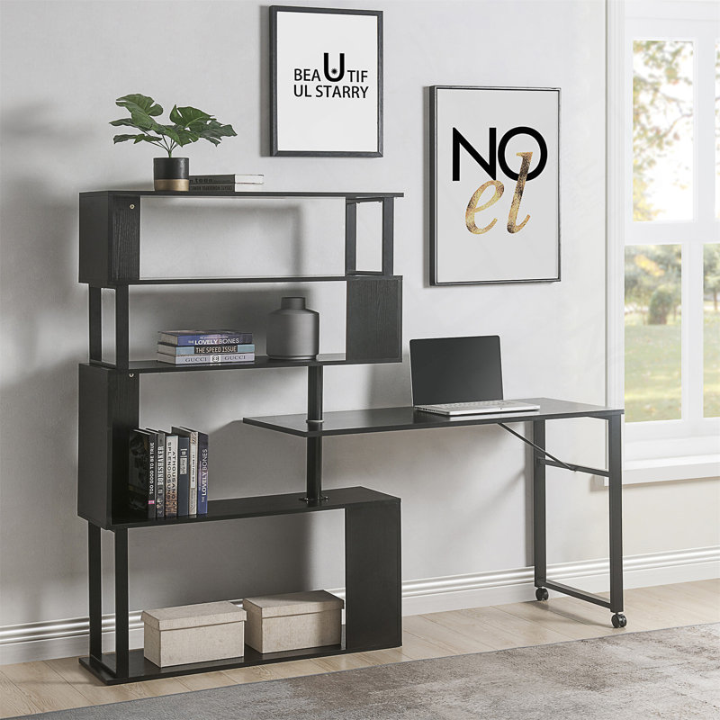 Home Office Computer Desk L-Shaped Corner Table, Rotating Computer Table With 5-Tier Bookshelf, Four Installation Methods, Lockable Casters