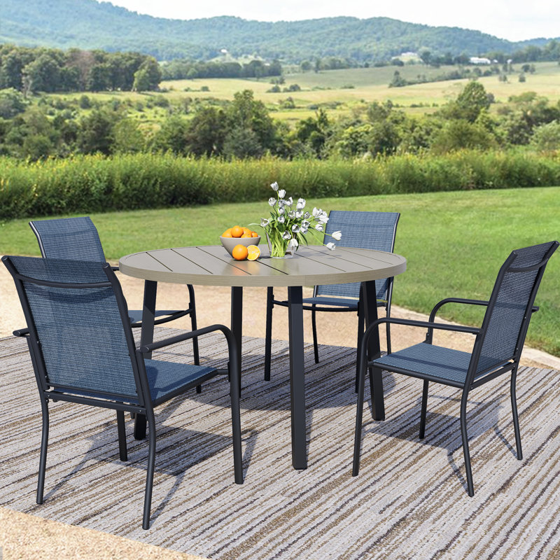 5-Piece Outdoor Dining Set, Round Metal Table With 4 Light Blue Chairs, Teak Patio Table With Umbrella Hole For Garden, Yard, Patio