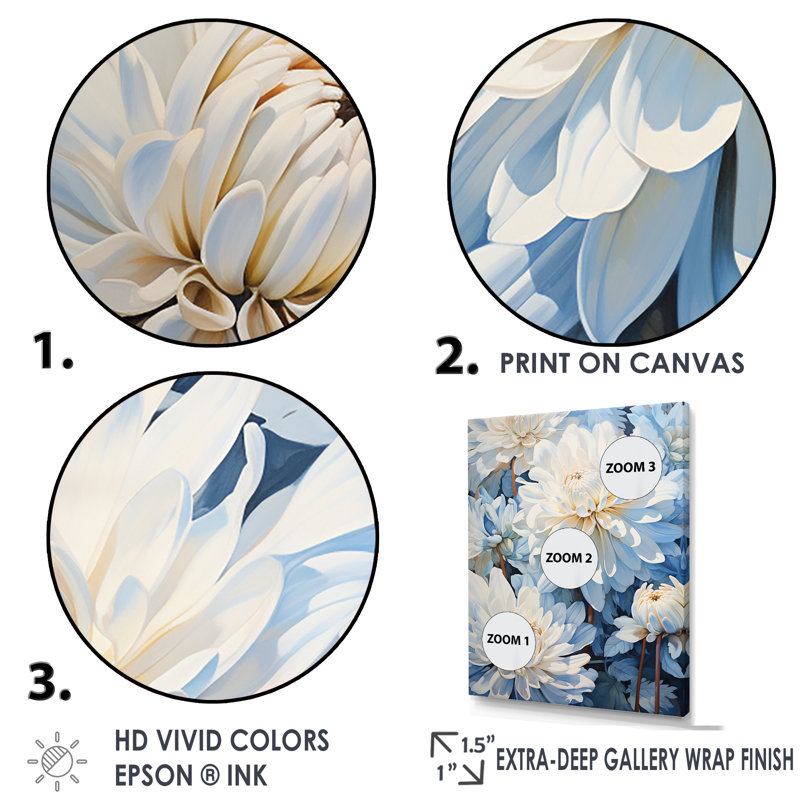 Minimalisme «Blooming Mums» en bleu et blanc II sur toile, H 40 po x l 30 po x P 1,5 po, Cadre flottant noir