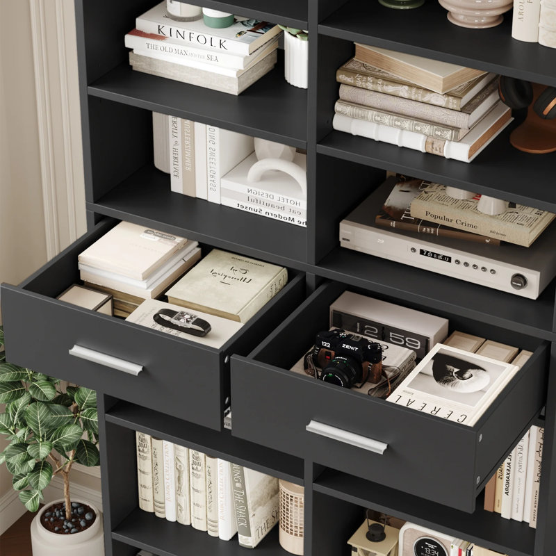 73"H 8-Tier Standard Bookcase With Adjustable Shelves, Wood Freestanding Bookshelves With 14 Open Shelves And 2 Drawers, Black