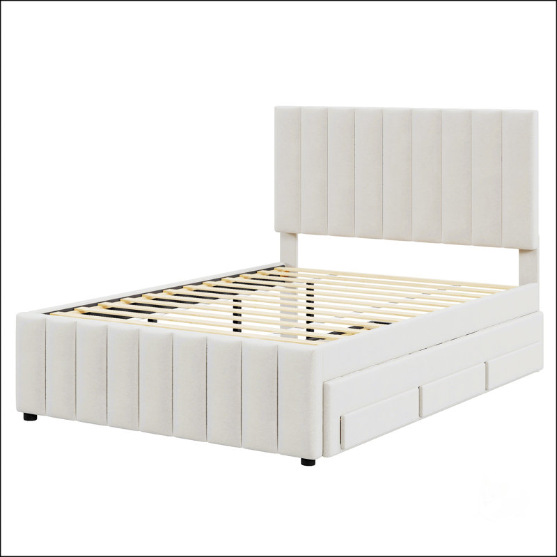 Full Size Upholstered Platform Bed With Twin Size Trundle Bed And 3 Drawers,Linen, Beige