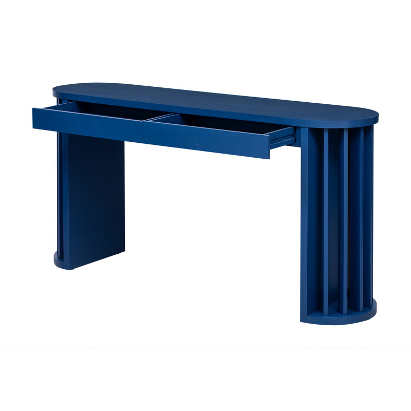 Console de 59 pouces, placage de chêne, bleu marine, pieds en éventail, lignes droites et courbées, décor de vestibule de style couloir, 2 tiroirs pour clés de courrier
