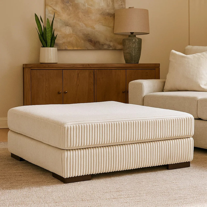 Repose-pieds décoratif Lindy, 51 po, style moderne carré, polyester, Ivoire