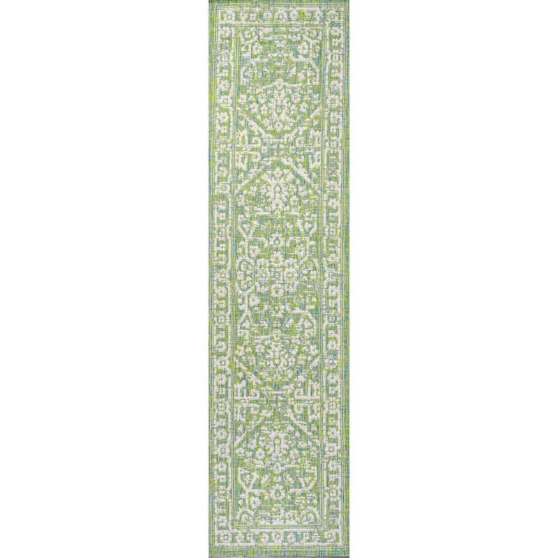 Massimo Bohemian Medallion Textured Weave Cream/Green Indoor/Outdoor Rug, Runner 2'2" x 10'